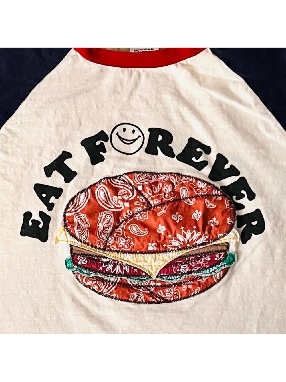 Vintage raglan tee with cheeseburger graphic made of colorful bandana patches
